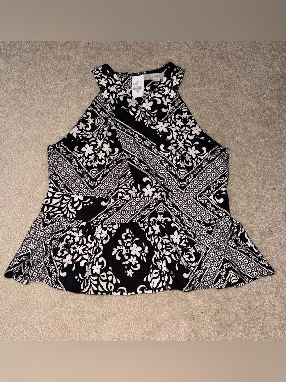 LOFT Black & White Floral Crossover Peplum Top